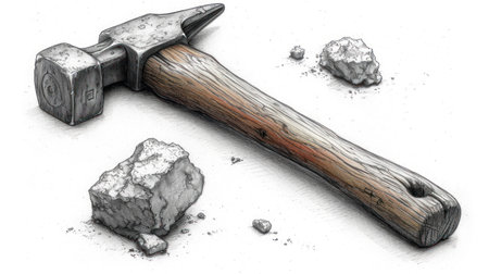 Hammer and coal isolated on white background. 3D illustration.の素材