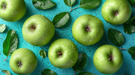 Green apples with leaves on color background, top view. Healthy foodの素材
