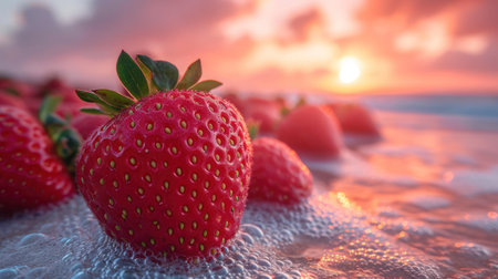 Strawberry on the beach with sunset background. Summer concept.の素材