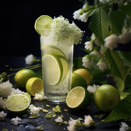 Cocktail with lime, limes and flowers on a black backgroundの素材
