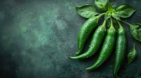 Green hot chili peppers with green basil leaves on dark green background.の素材
