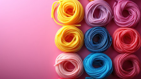 Colorful rubber bands on pink background, top view. Space for textの素材