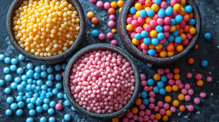 Colorful candies in bowls on grey background, top view.の素材