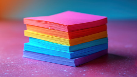 Stack of colorful sticky notes on a table. Selective focus.の素材