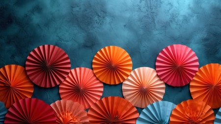 Colorful paper fans on blue textured background. Copy space.の素材