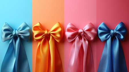 colorful satin bows on multicolored background, close upの素材