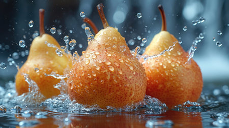 Ripe pears falling into water with splash, close-upの素材