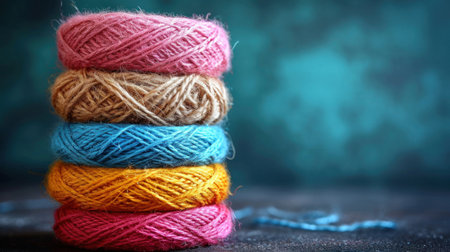 Colorful skeins of yarn on a dark background. Selective focus.の素材