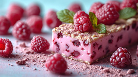Raspberry cheesecake with fresh raspberries and mint on a blue background.の素材