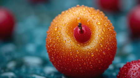Red cherry with water drops on a blue background close-up.の素材