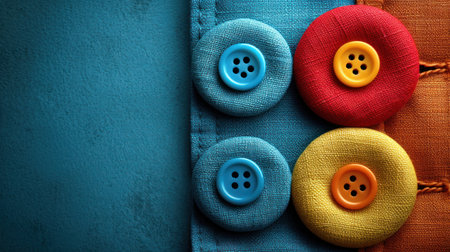 Colorful sewing buttons on blue background with copy space for text.の素材