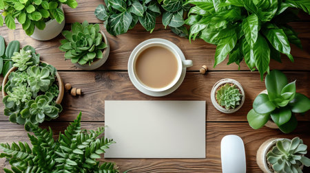 Flat lay of workplace with blank card, succulents and coffee cup on wooden tableの素材