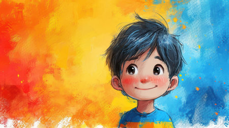 A boy with a smile on his face, painted with watercolorsの素材