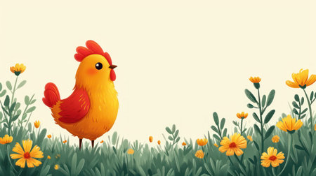 Cute chicken in the meadow with flowers. Vector illustration.の素材