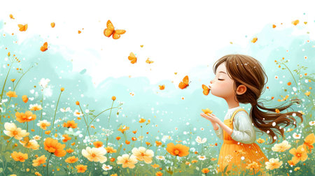 Cute little girl with butterfly in the meadow, illustration.の素材