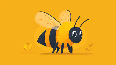 Cute cartoon bee. Vector illustration in flat design. Isolated on yellow background.の素材