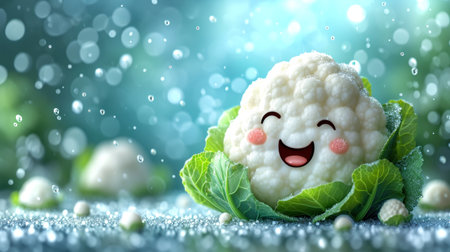 Cute cartoon cauliflower character with green cabbage leaves and falling snowの素材