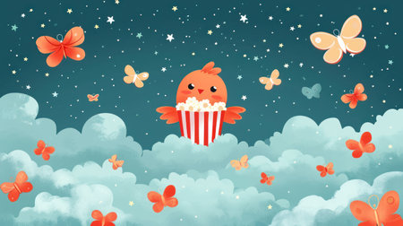 Cute cartoon chicken with popcorn in the sky. Vector illustration.の素材