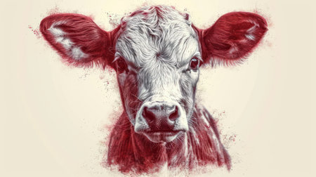Cow portrait with red paint splashes on white background. Digital illustration.の素材