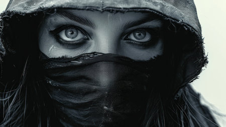 Portrait of a beautiful girl in a black mask with a hoodの素材