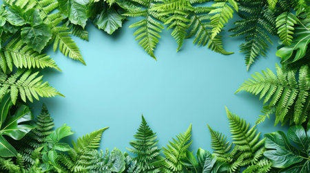 Green tropical leaves on blue background, flat lay. Space for textの素材