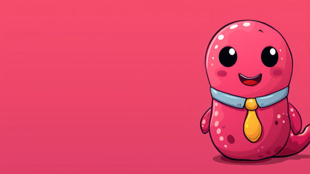 Vector cartoon illustration of a cute pink monster with tie on red background.の素材