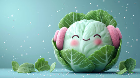 Cute kawaii cabbage character on blue background. 3d illustrationの素材