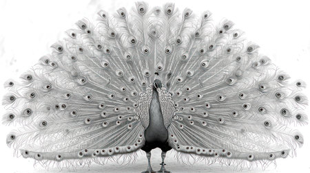 beautiful peacock isolated on white background, black and white photoの素材