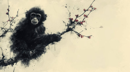 Monkey in the tree. Vintage painting style with grunge effectの素材