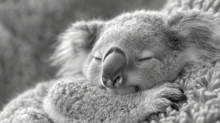 Koala sleeps on a soft blanket. Black and white photo.の素材