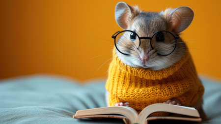 Cute little mouse in glasses reading a book on a yellow background.の素材