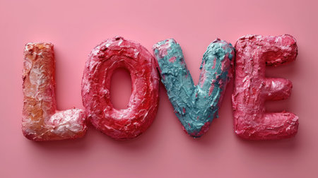 Word LOVE in crumpled pink and blue paint on pink backgroundの素材