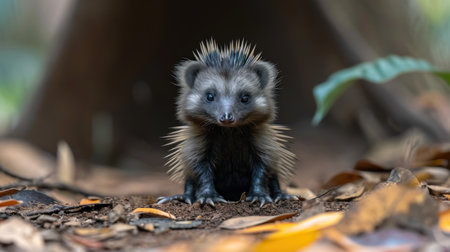 Little hedgehog standing on the ground and looking at the camera.の素材