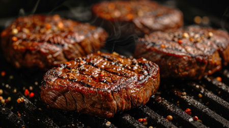 Delicious grilled steak on barbecue grill, closeup. Space for textの素材