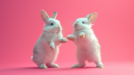 Two white rabbits on a pink background. Easter concept. Studio shot.の素材