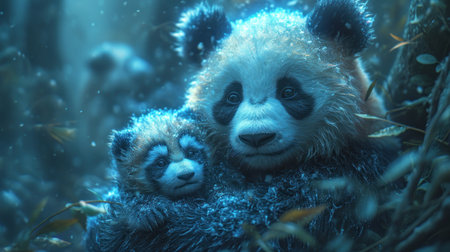 Panda bear mother and baby in the forest. 3d renderingの素材