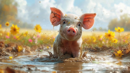 Cute pig in muddy puddle with yellow flowers on green backgroundの素材