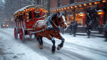 Horse-drawn carriages in a snowy city during a snowfallの素材