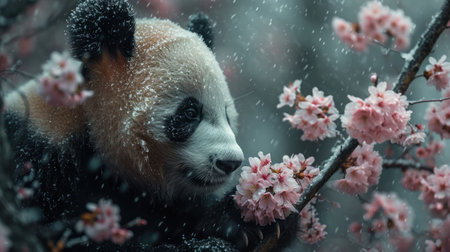 Giant panda bear in the rain and sakura blossomの素材