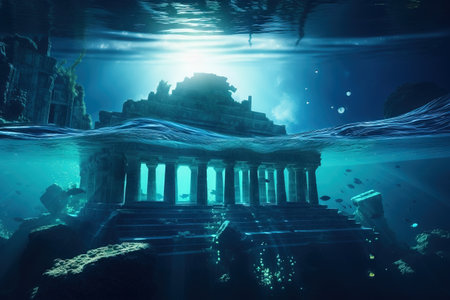 Ancient greek temple under water. 3d render. Fantasy.の素材