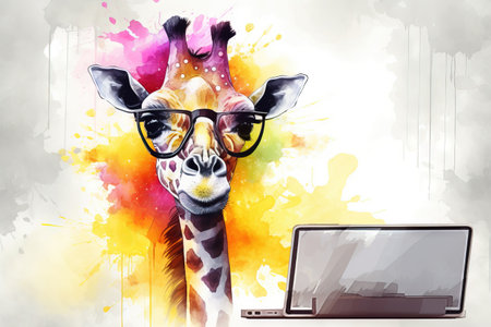 Portrait of giraffe in glasses with laptop on colorful watercolor backgroundの素材