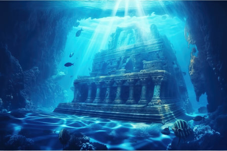 Underwater scene with ancient temple in deep blue sea. 3d renderingの素材