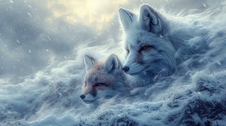 Two foxes in the snow, 3d rendering. Computer digital drawing.の素材