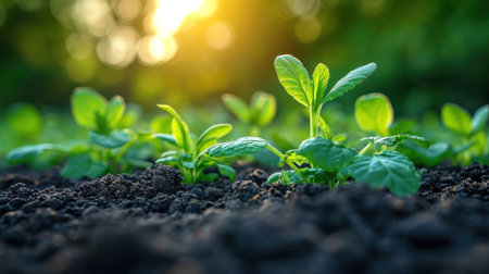 Close up of young green pepper seedling growing in soil at sunset.の素材