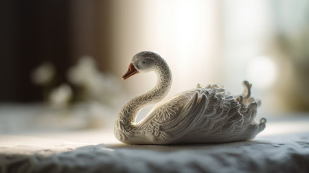 Beautiful white swan on a bed in the morning sunlight.の素材