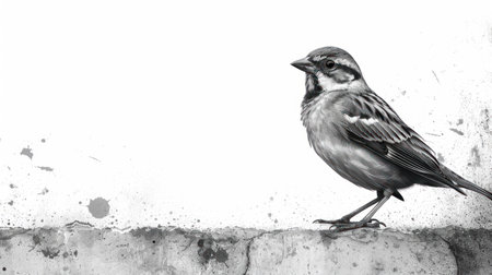 Sparrow standing on a wall, black and white photo.の素材