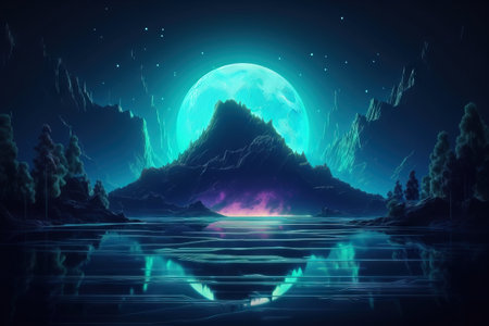 Fantasy landscape with mountain and full moon. 3D illustration.の素材
