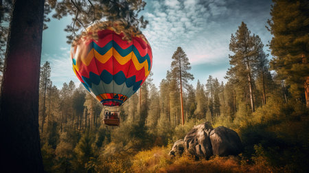 Colorful hot air balloon flying over pine forest. Fantasy landscape.の素材