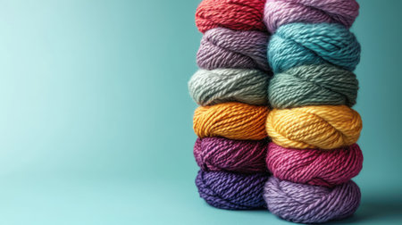 Colorful skeins of yarn on a blue background with copy spaceの素材