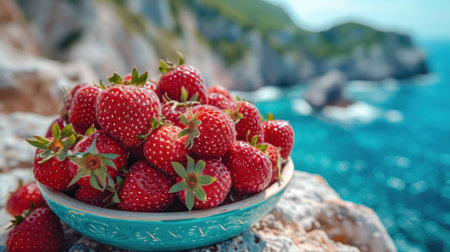 Strawberries in a bowl on the background of the sea and mountainsの素材